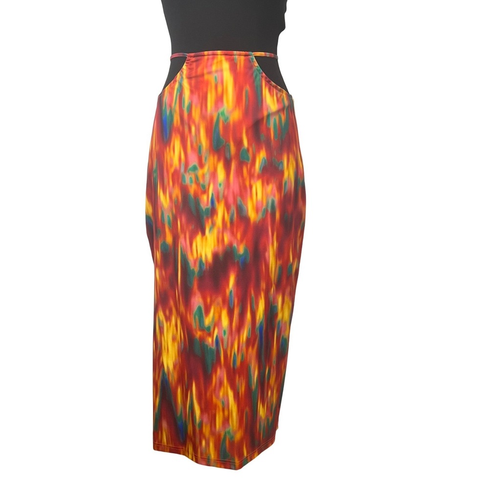 WEWOREWHAT Cutout‎ Midi Skirt Fire Tie Dye Size Medium Spicy Orange Multicolor